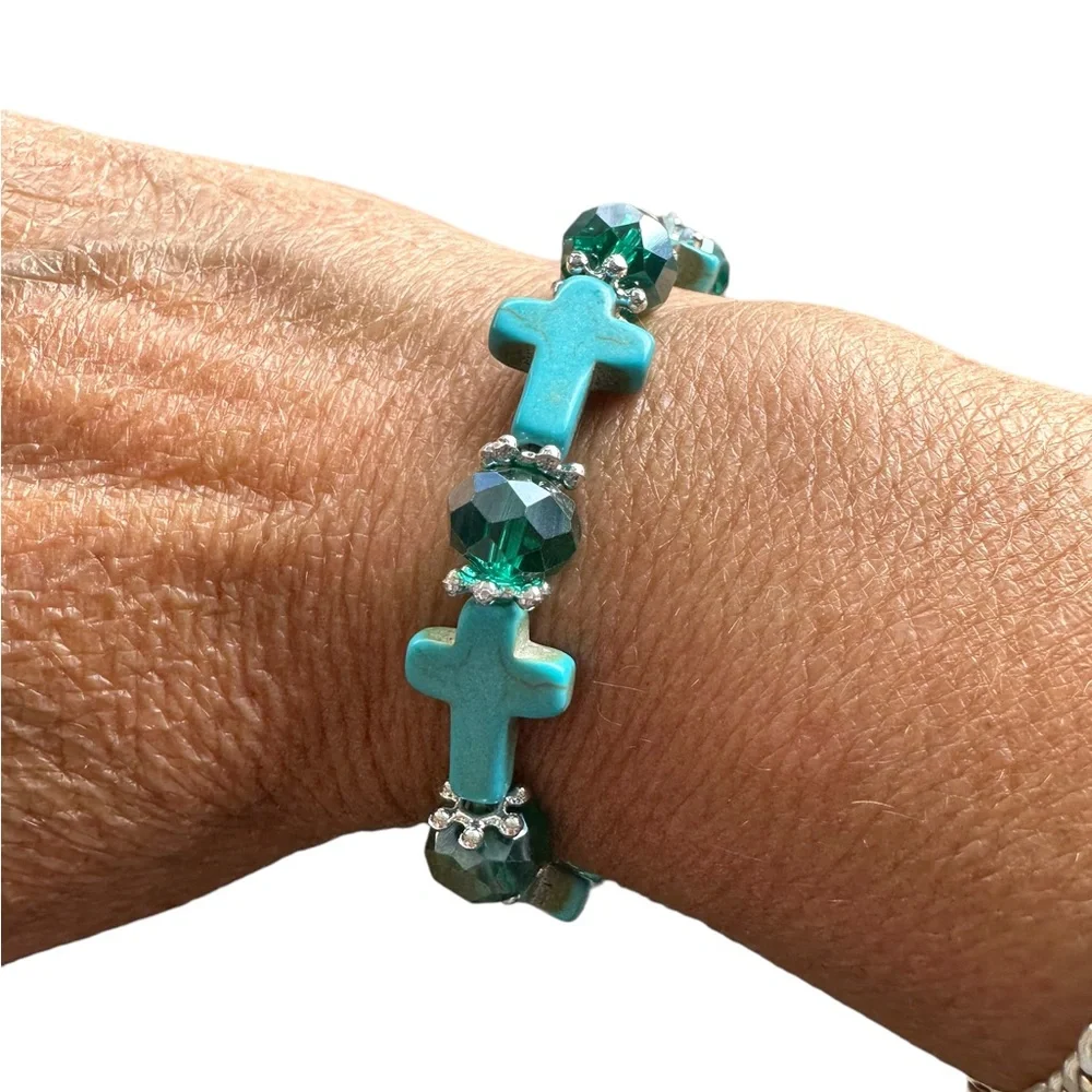 Turquoise Cross Beaded Stretch Bracelet